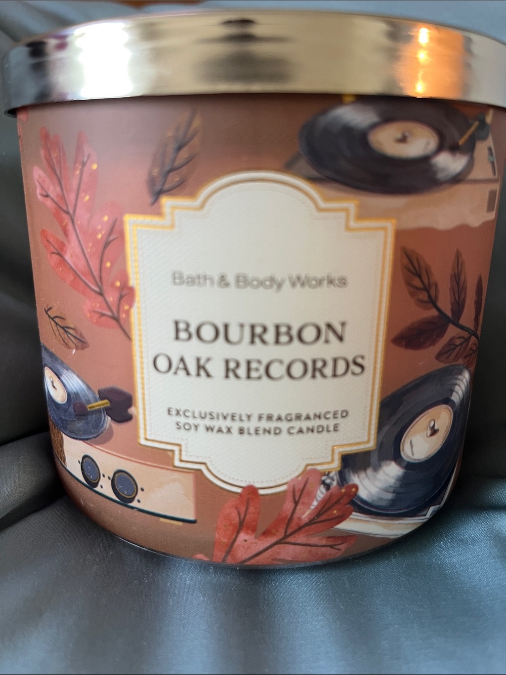 Bath & Body Works Bourbon Oak Records Candle - Brown, Cream, Gold